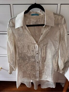 Alice + Olivia Shimmery Champagne Sheer Button-Down Shirt